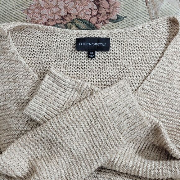 Cotton Candy LA Sweater Womens M/L Tan Long Sleeve Oversized Cropped V Neck - Picture 9 of 11